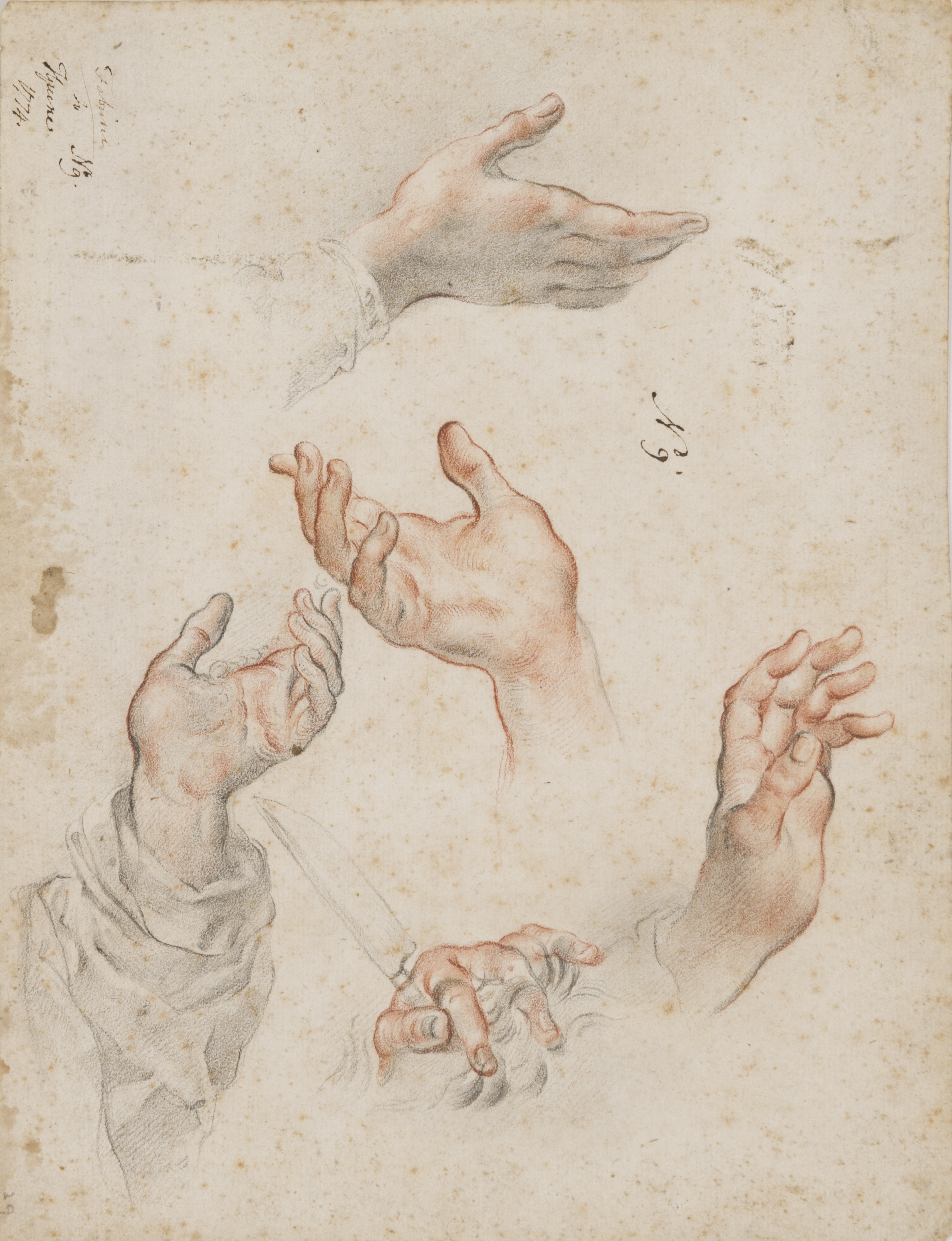 A Sheet of Studies of Five Hands, One Holding a Knife
